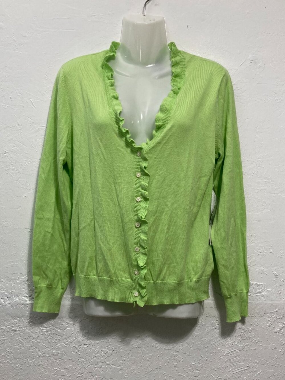 NWT Lauren Ralph Lauren Knit Cardigan Sweater Front Buttons Ruffle Trim Green M